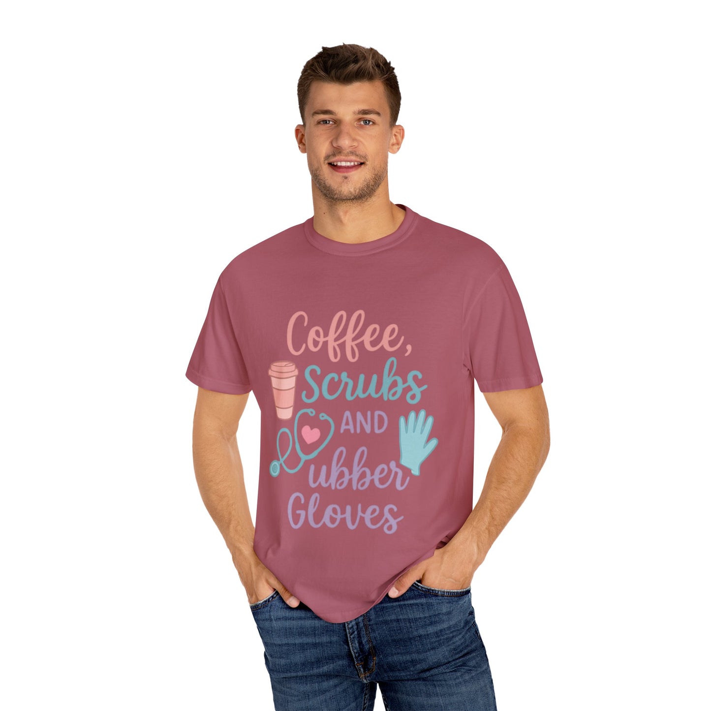 Coffee, Scrubs, and Rubber Gloves Unisex T-Shirt - Perfect Gift for Nurses, Healthcare Workers, Medical Professionals, Fun Medical Shirt,
