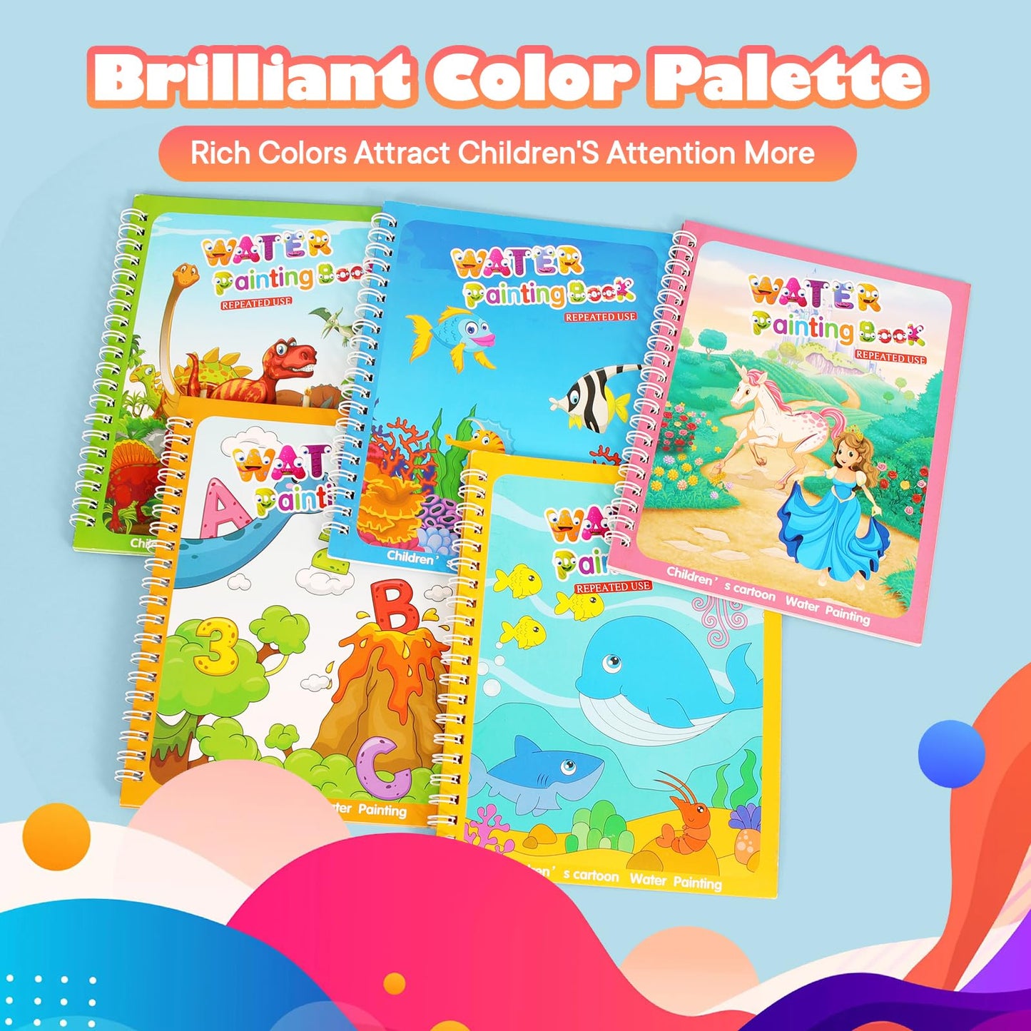 CMTOOP 5 Pack Reusable Water Coloring Book for Toddlers, Water Doodle Book Toys, Paint with Water Books,Mess-Free Coloring Book, Portable Educational Doodle Drawing Toy,Educational Learning Kits Gifts