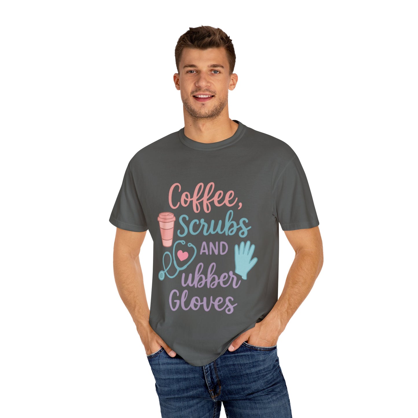 Coffee, Scrubs, and Rubber Gloves Unisex T-Shirt - Perfect Gift for Nurses, Healthcare Workers, Medical Professionals, Fun Medical Shirt,