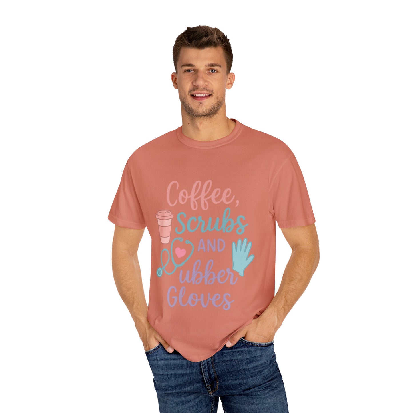 Coffee, Scrubs, and Rubber Gloves Unisex T-Shirt - Perfect Gift for Nurses, Healthcare Workers, Medical Professionals, Fun Medical Shirt,