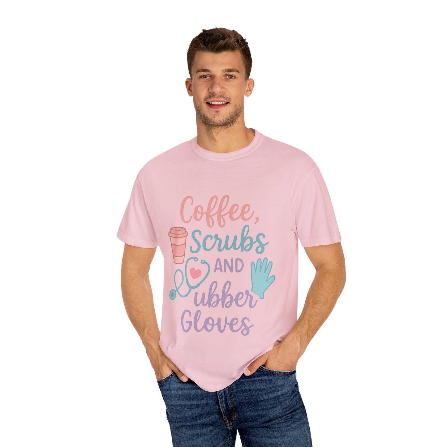 Coffee, Scrubs, and Rubber Gloves Unisex T-Shirt - Perfect Gift for Nurses, Healthcare Workers, Medical Professionals, Fun Medical Shirt,