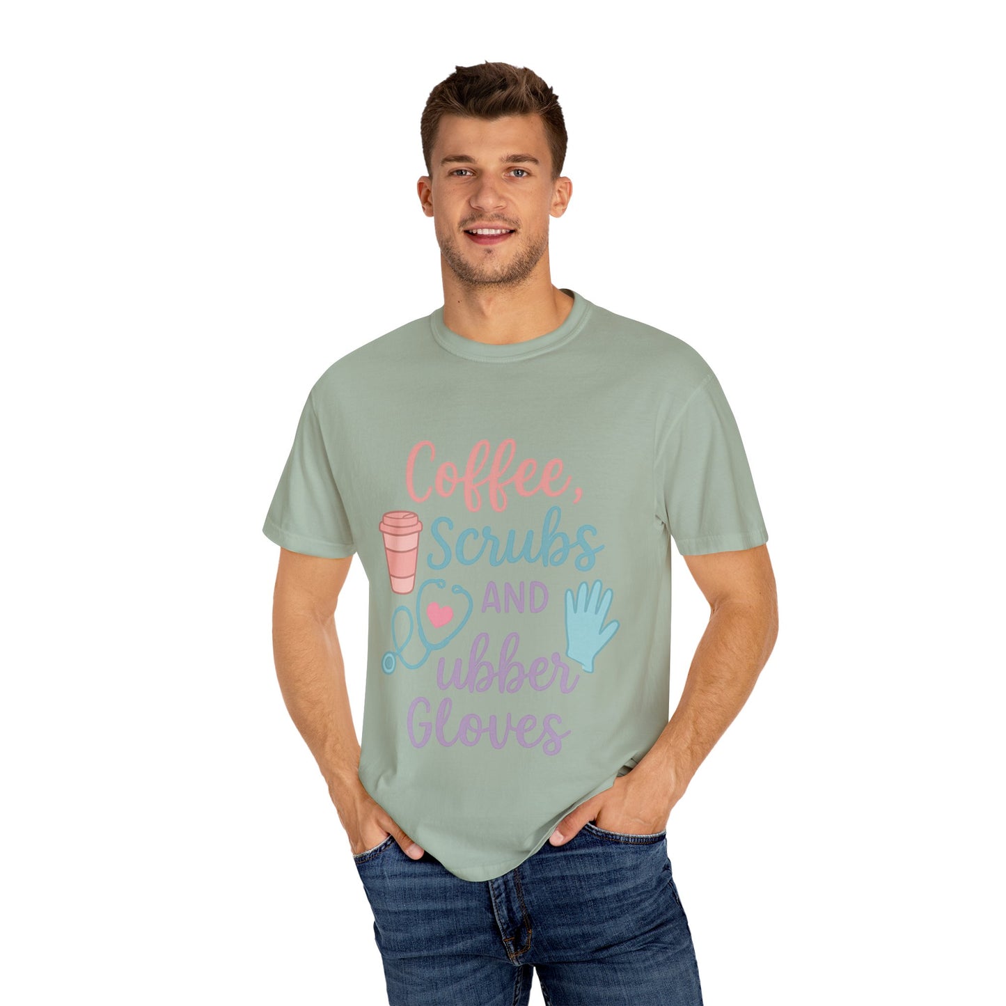 Coffee, Scrubs, and Rubber Gloves Unisex T-Shirt - Perfect Gift for Nurses, Healthcare Workers, Medical Professionals, Fun Medical Shirt,