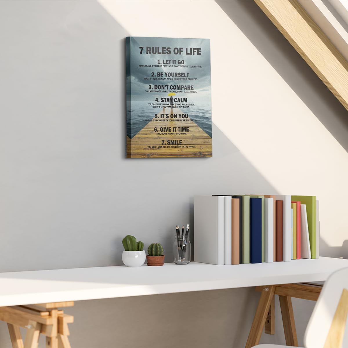 7 Rules of Life Framed Canvas Wall Art, Inspirational Quotes Decor Wall Painting, Motivational Picture Home Decor for Living Room Bedroom Office Classroom, 11.4"x15"