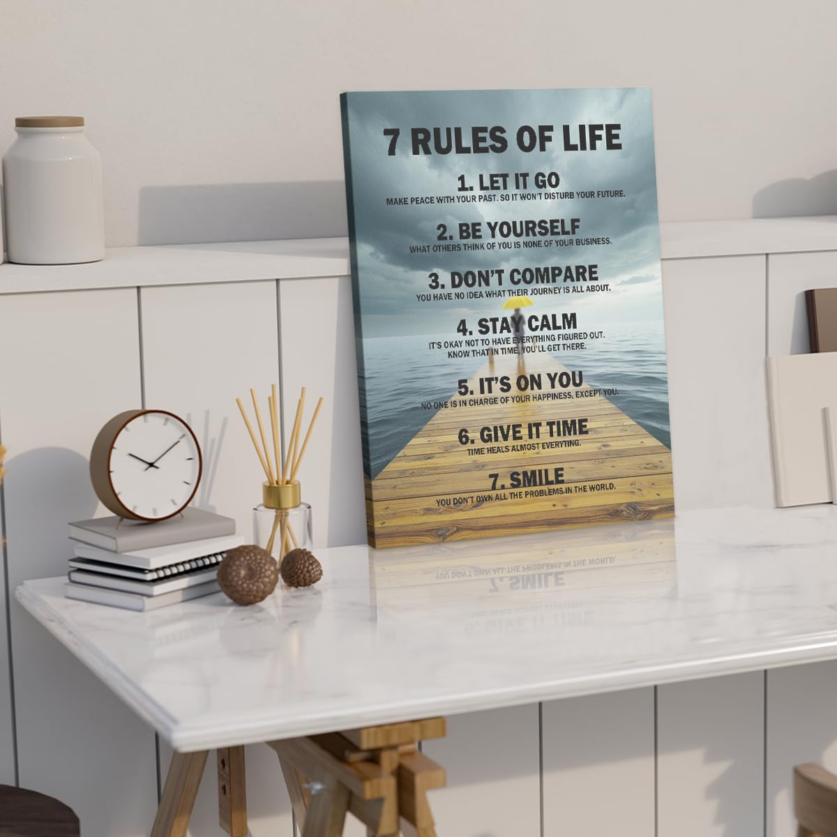 7 Rules of Life Framed Canvas Wall Art, Inspirational Quotes Decor Wall Painting, Motivational Picture Home Decor for Living Room Bedroom Office Classroom, 11.4"x15"