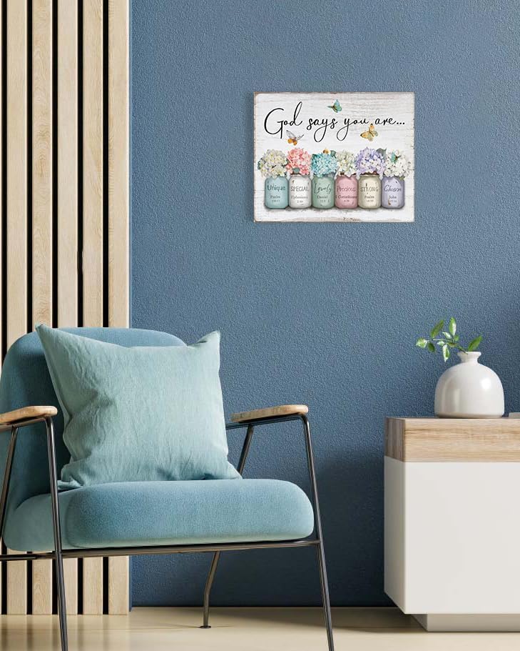 Inspirational Bible Verse Wall Art: God Says You Are Wall Sayings Flowers in Mason Jar Picture Print Christian Gift Quotes Poster for Women Girl Bedroom Decor 12" x 15"