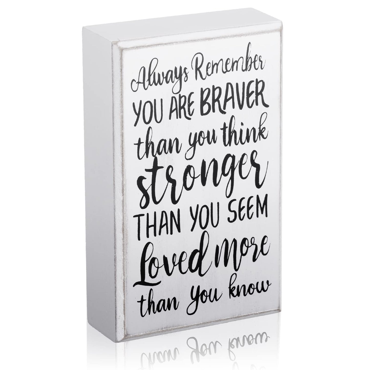 WILLBOND Inspirational Wooden Box Sign Desk Decor Gift Always Remember You Are Braver Than You Think Desk Sign, Farmhouse Wall Plaque for Home and Office Cheer up Gift for Women Men(White Backing)
