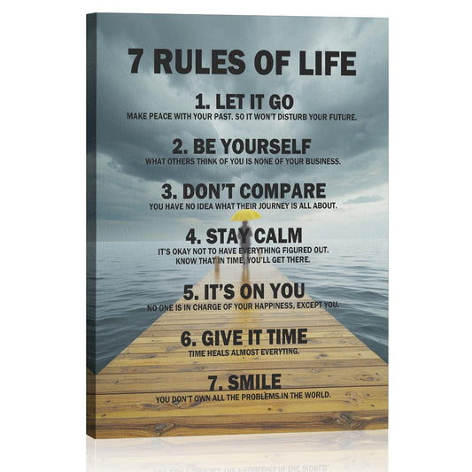7 Rules of Life Framed Canvas Wall Art, Inspirational Quotes Decor Wall Painting, Motivational Picture Home Decor for Living Room Bedroom Office Classroom, 11.4"x15"