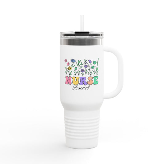 Personalized Nurse Insulated Travel Mug, 40oz - Perfect Gift for Nurses, Floral Design, Customizable Name, Motivational Drinkware, Ideal for