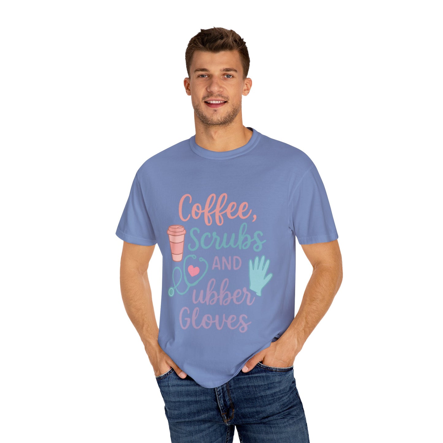 Coffee, Scrubs, and Rubber Gloves Unisex T-Shirt - Perfect Gift for Nurses, Healthcare Workers, Medical Professionals, Fun Medical Shirt,