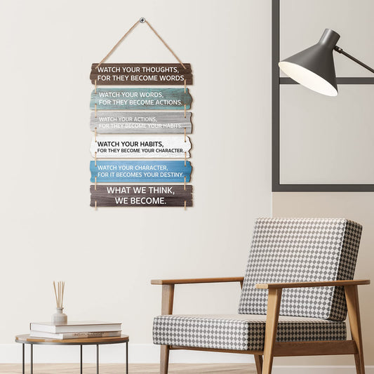 6 Pcs Inspirational Wall Art Decor for Office Watch Your Thoughts Wooden Hanging Motivational Wall Decor Rustic Positive Quotes Plaques for Classroom Home Bedroom Kitchen Living Room(Classic Style)