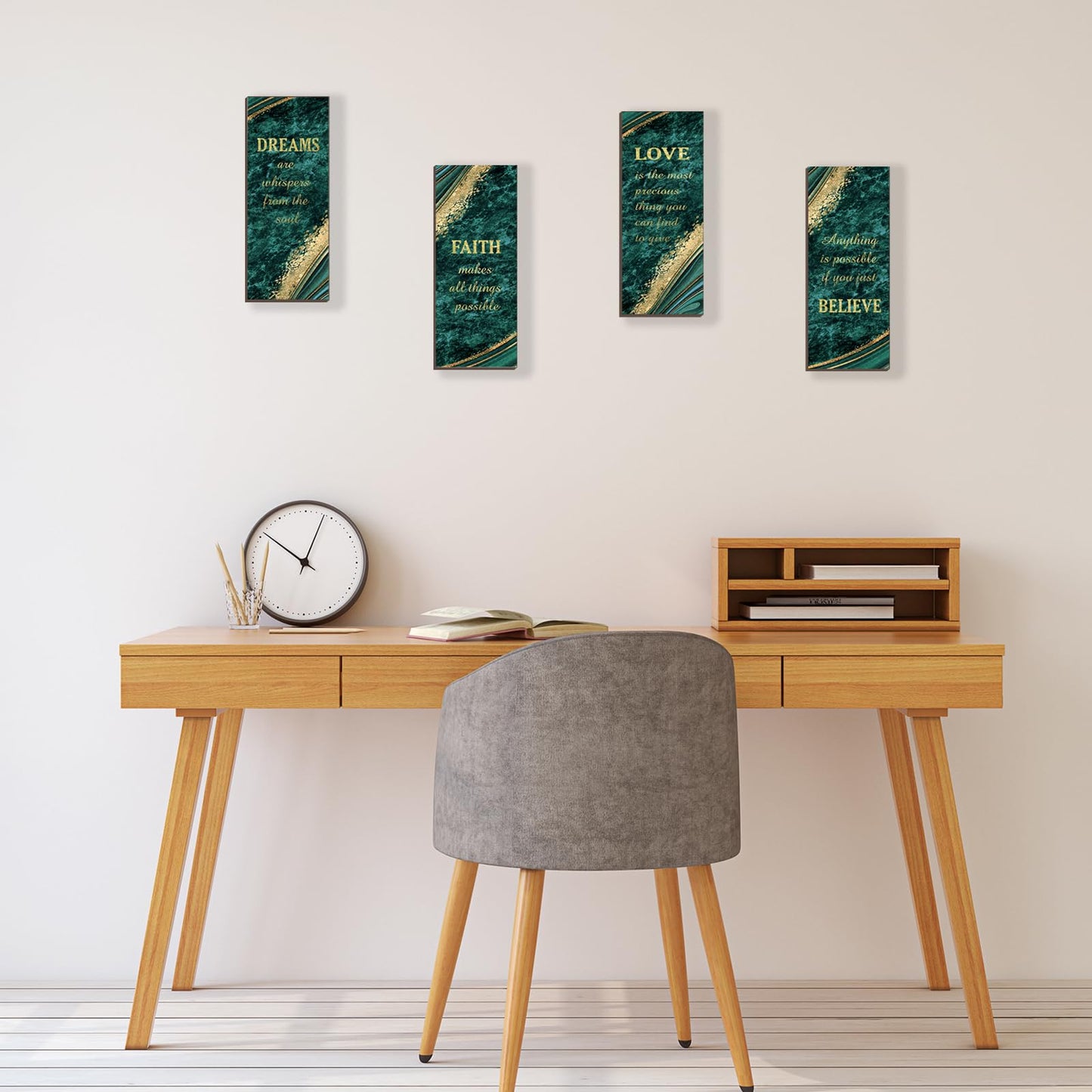 ONIZHITY 4 Pcs Green Gold Bathroom Decor Green Gold Wall Decor with Dreams Faith Love Believe Wooden Rustic Marble Style Versatile Bathroom Accessories for Bedroom Living Room(10X4)