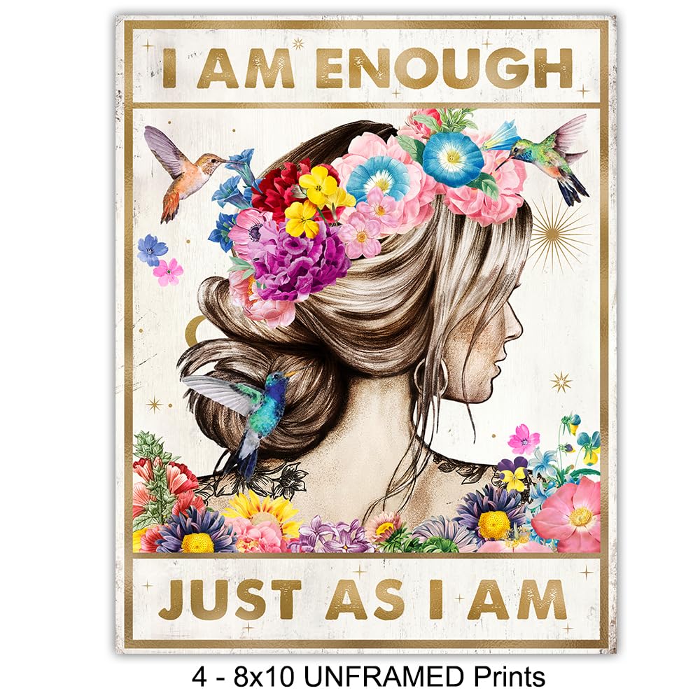 positive Affirmations Boho Wall Decor - I Am Enough Inspirational Quotes for Women - She Whispered Back I Am The Storm Wall Art Set - Women's empowerment Dragonfly Motivational poster for Woman, Girl
