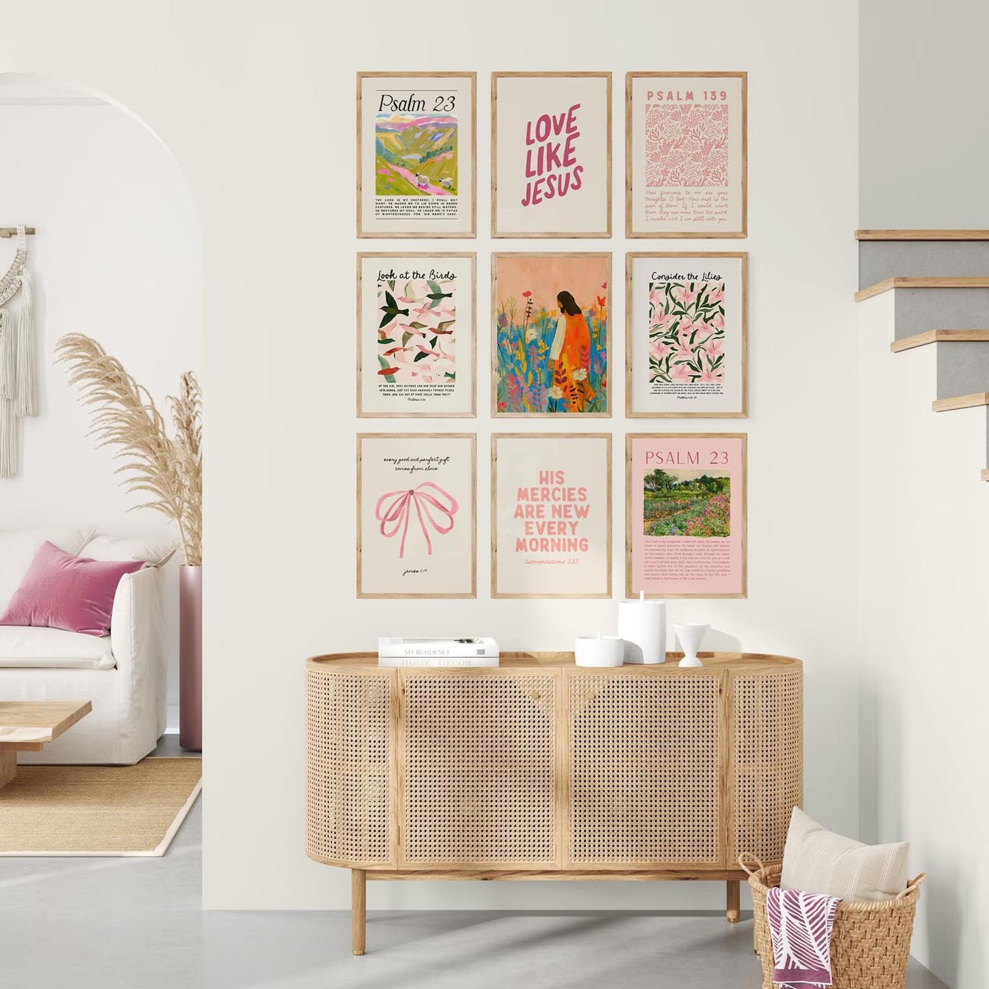 9pcs Christian Wall Art Bundle in Pink Bible Verse Paintings Pictures Wall decor Jesus Poster Printing Artworkfor Girls Room Christian Housewarming Gift Fashionable college style Home Decoration