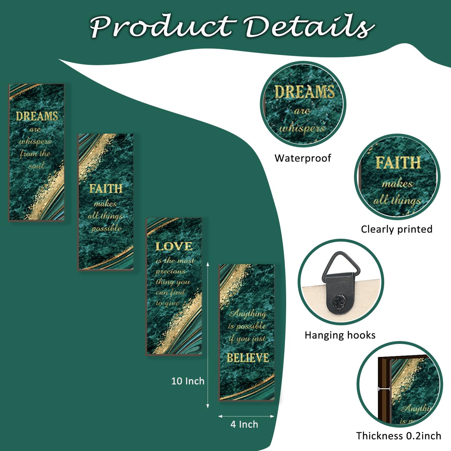 ONIZHITY 4 Pcs Green Gold Bathroom Decor Green Gold Wall Decor with Dreams Faith Love Believe Wooden Rustic Marble Style Versatile Bathroom Accessories for Bedroom Living Room(10X4)