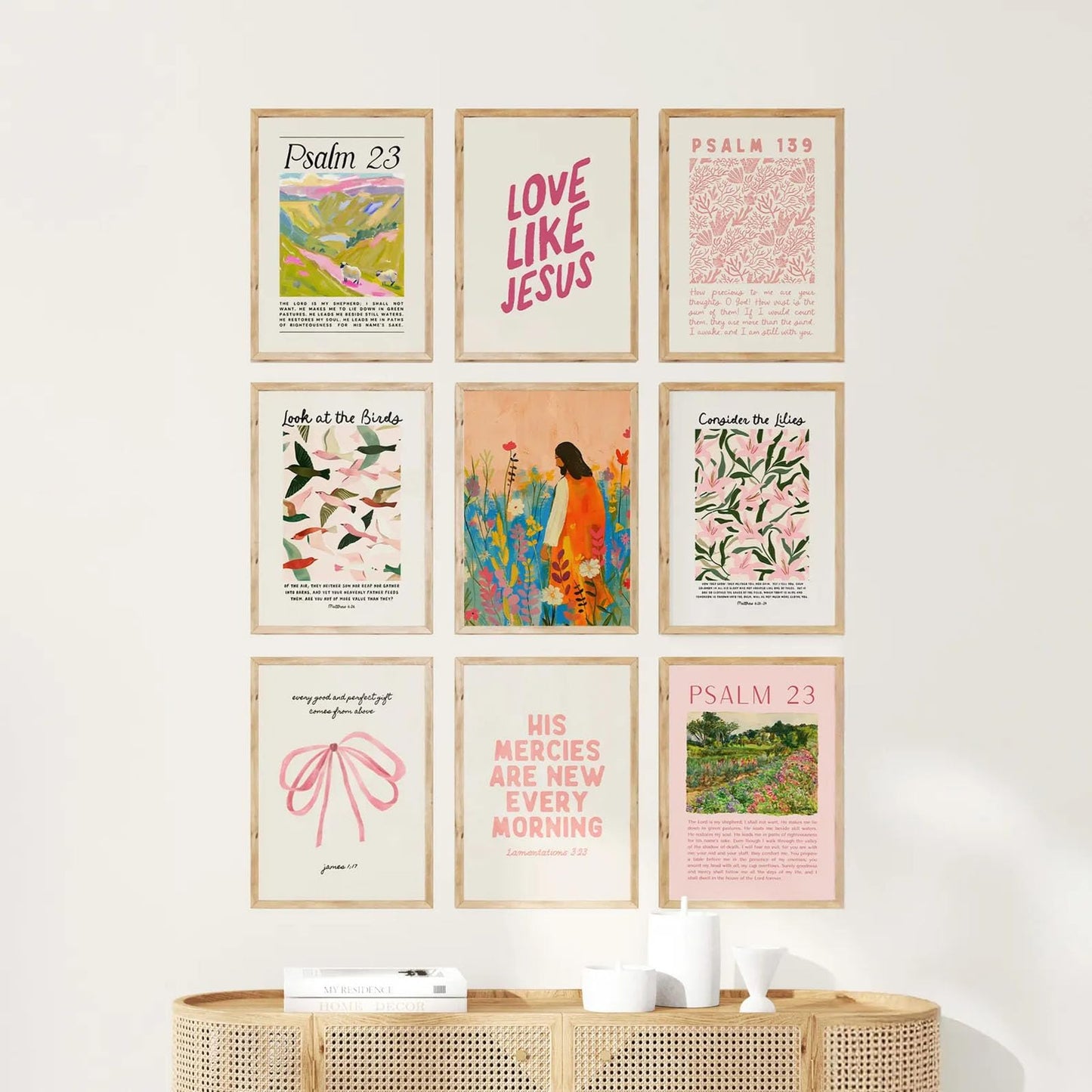 9pcs Christian Wall Art Bundle in Pink Bible Verse Paintings Pictures Wall decor Jesus Poster Printing Artworkfor Girls Room Christian Housewarming Gift Fashionable college style Home Decoration