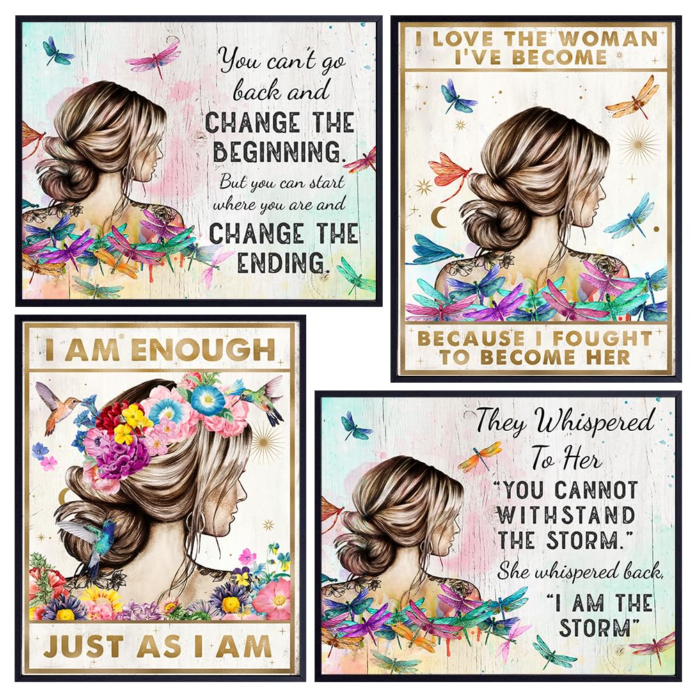 positive Affirmations Boho Wall Decor - I Am Enough Inspirational Quotes for Women - She Whispered Back I Am The Storm Wall Art Set - Women's empowerment Dragonfly Motivational poster for Woman, Girl