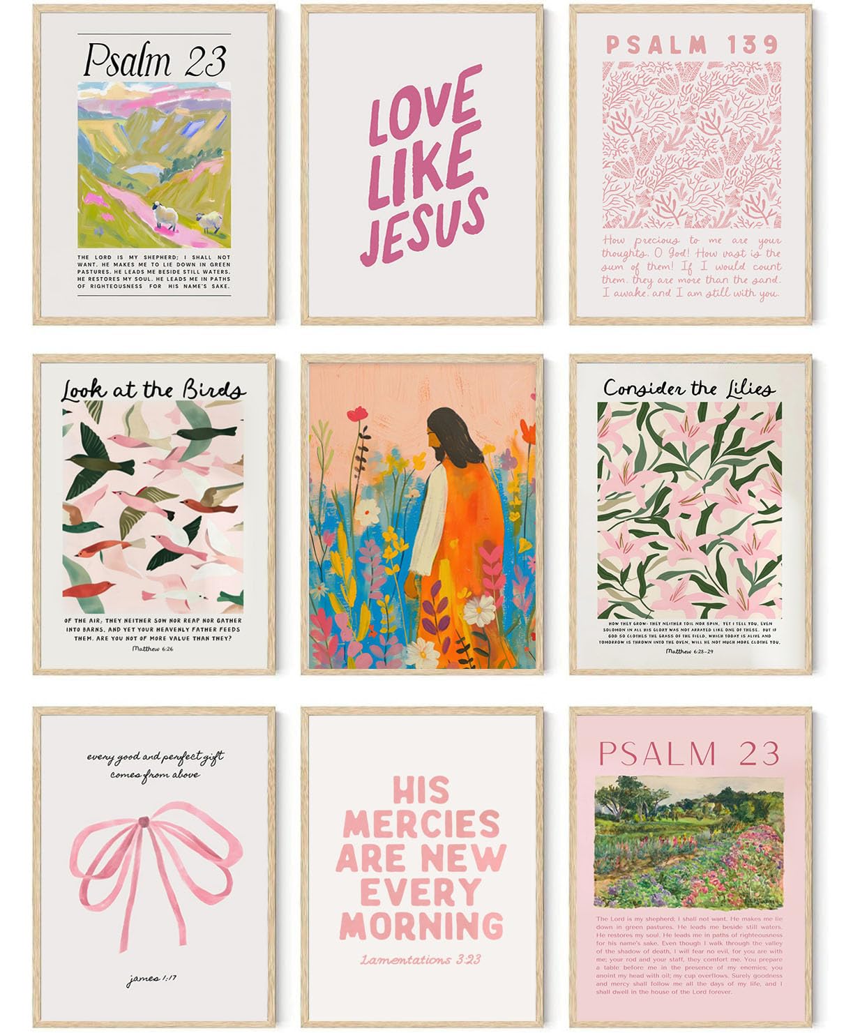 9pcs Christian Wall Art Bundle in Pink Bible Verse Paintings Pictures Wall decor Jesus Poster Printing Artworkfor Girls Room Christian Housewarming Gift Fashionable college style Home Decoration