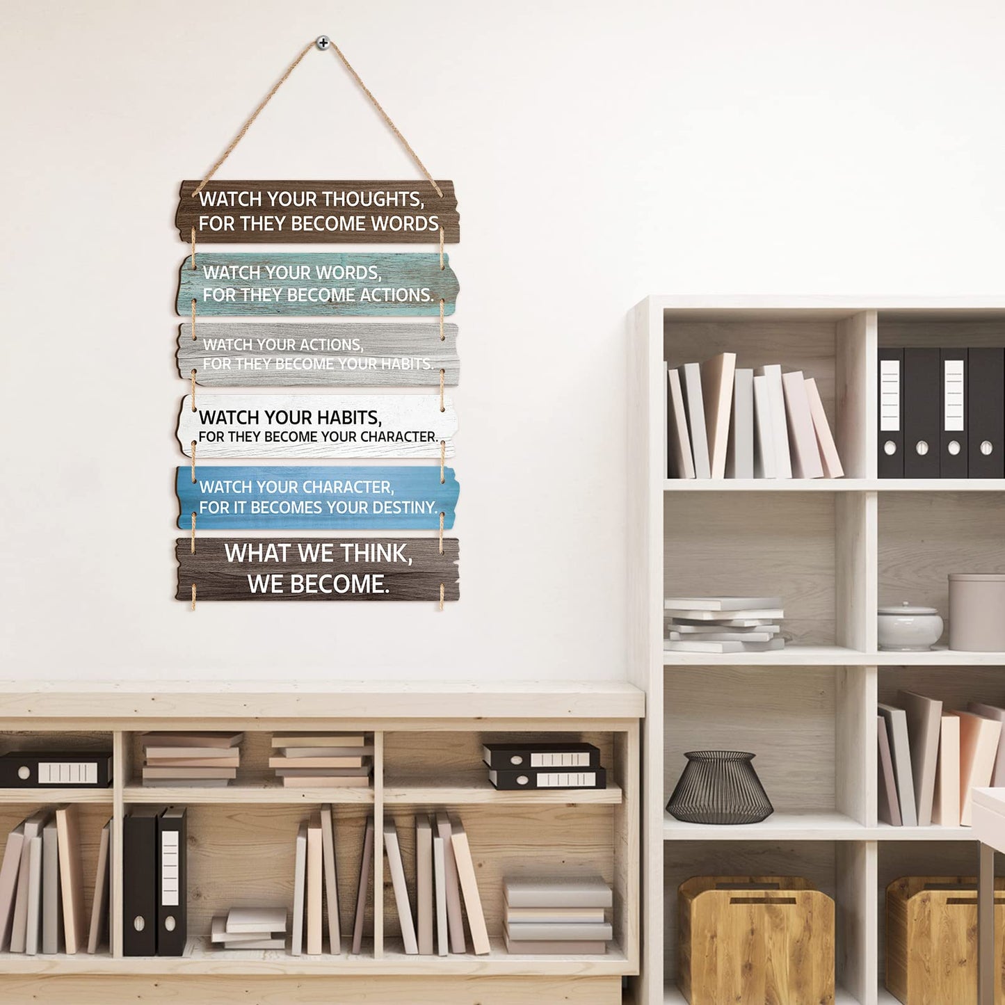 6 Pcs Inspirational Wall Art Decor for Office Watch Your Thoughts Wooden Hanging Motivational Wall Decor Rustic Positive Quotes Plaques for Classroom Home Bedroom Kitchen Living Room(Classic Style)