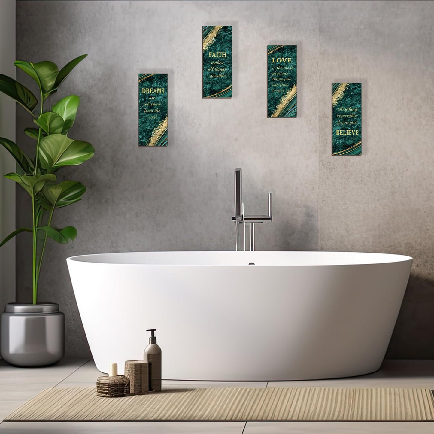 ONIZHITY 4 Pcs Green Gold Bathroom Decor Green Gold Wall Decor with Dreams Faith Love Believe Wooden Rustic Marble Style Versatile Bathroom Accessories for Bedroom Living Room(10X4)