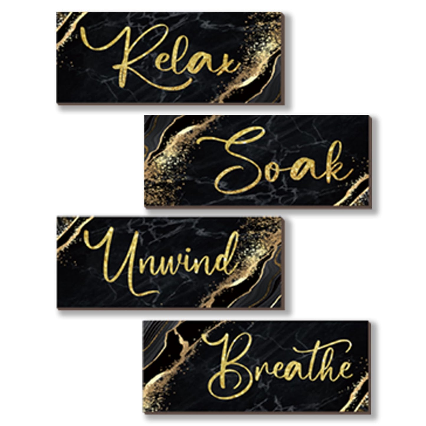 ONIZHITY 4 Pcs Black and Gold Bathroom Decor Black Gold Wall Decor Relax Soak Unwind Breathe Wooden Rustic Marble Style Bathroom Accessories for Bedroom Living Room Decor Kitchen(10X4)