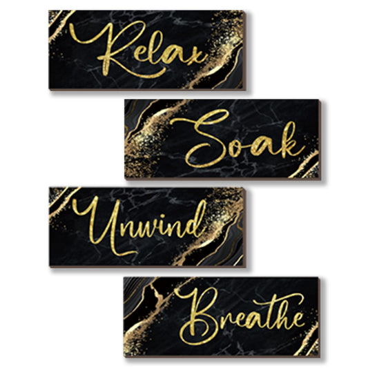 ONIZHITY 4 Pcs Black and Gold Bathroom Decor Black Gold Wall Decor Relax Soak Unwind Breathe Wooden Rustic Marble Style Bathroom Accessories for Bedroom Living Room Decor Kitchen(10X4)