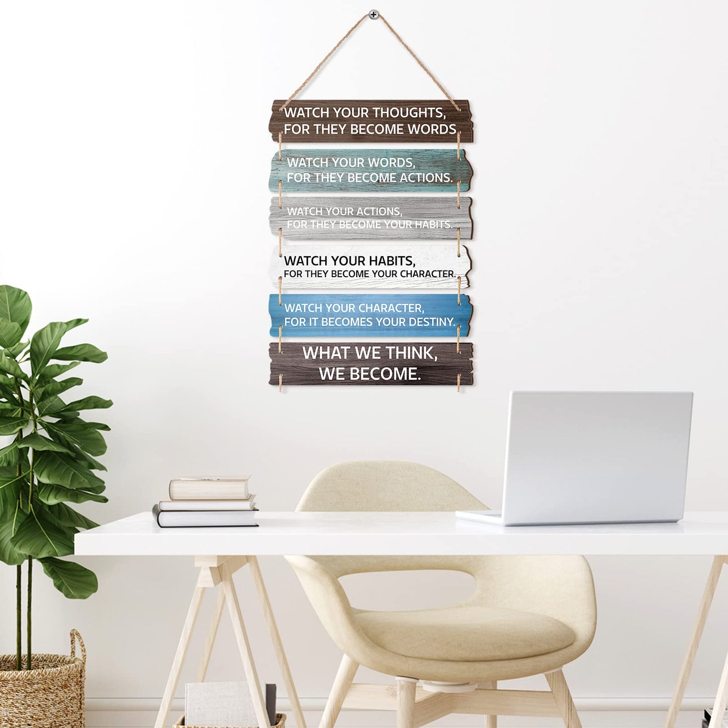 6 Pcs Inspirational Wall Art Decor for Office Watch Your Thoughts Wooden Hanging Motivational Wall Decor Rustic Positive Quotes Plaques for Classroom Home Bedroom Kitchen Living Room(Classic Style)