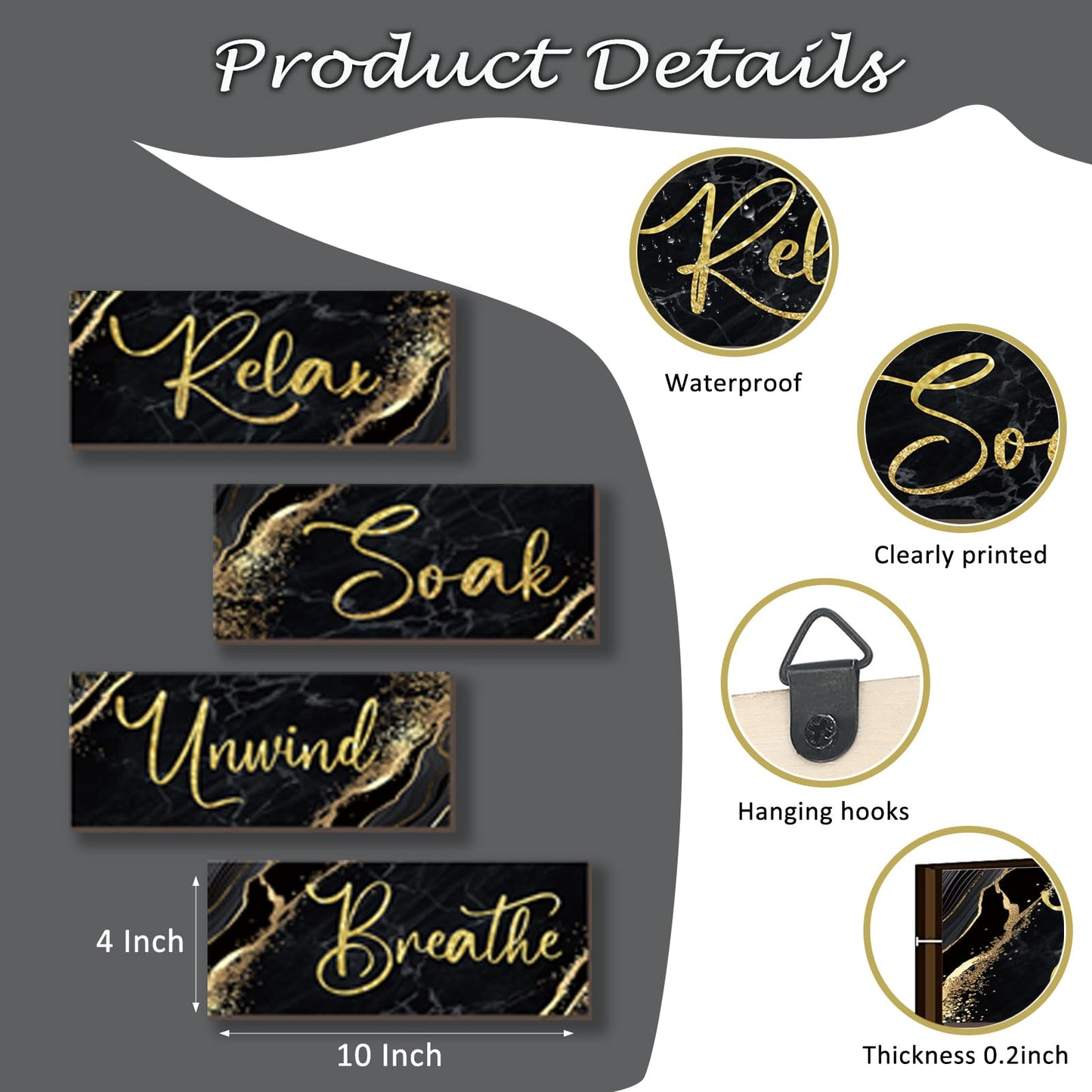 ONIZHITY 4 Pcs Black and Gold Bathroom Decor Black Gold Wall Decor Relax Soak Unwind Breathe Wooden Rustic Marble Style Bathroom Accessories for Bedroom Living Room Decor Kitchen(10X4)