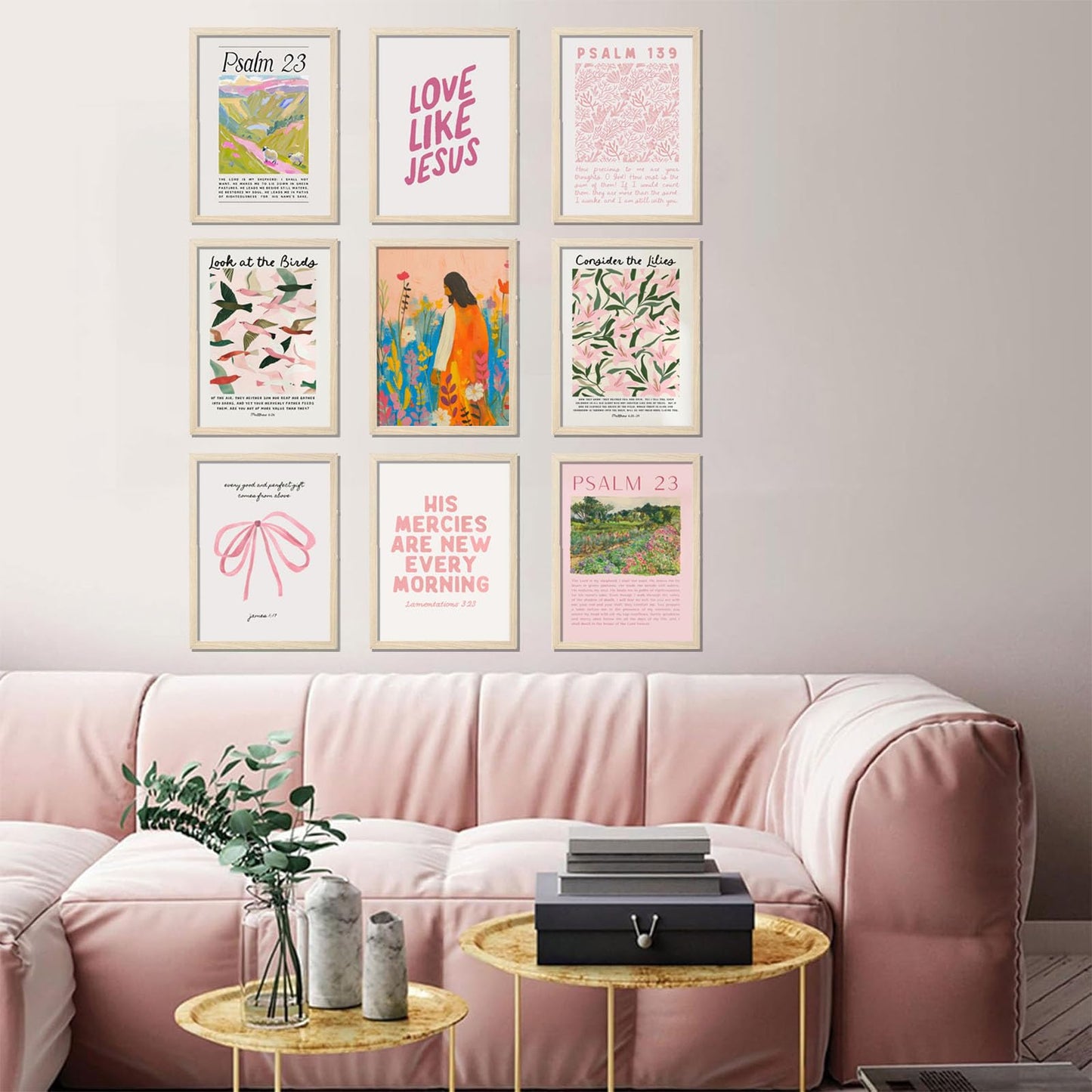 9pcs Christian Wall Art Bundle in Pink Bible Verse Paintings Pictures Wall decor Jesus Poster Printing Artworkfor Girls Room Christian Housewarming Gift Fashionable college style Home Decoration
