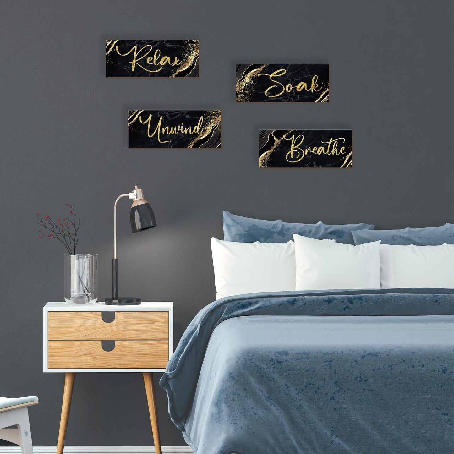 ONIZHITY 4 Pcs Black and Gold Bathroom Decor Black Gold Wall Decor Relax Soak Unwind Breathe Wooden Rustic Marble Style Bathroom Accessories for Bedroom Living Room Decor Kitchen(10X4)
