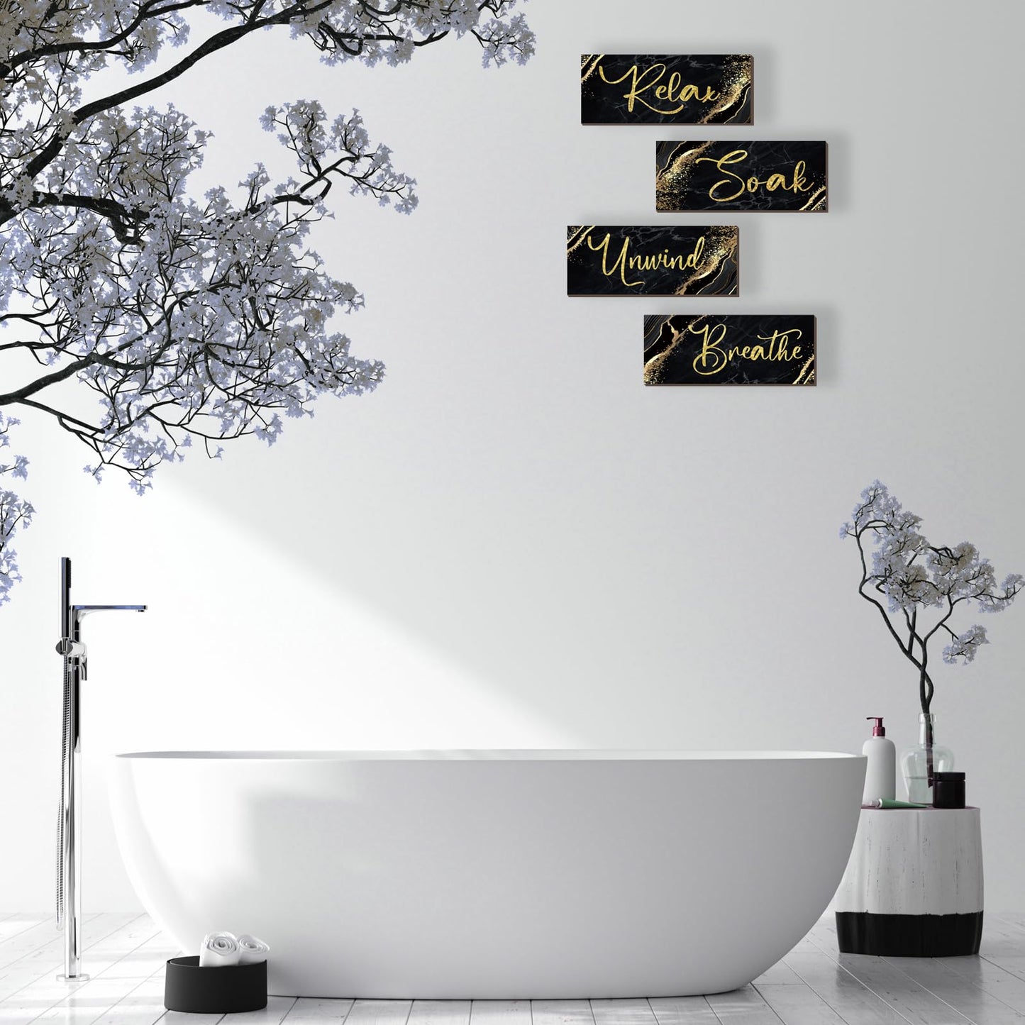 ONIZHITY 4 Pcs Black and Gold Bathroom Decor Black Gold Wall Decor Relax Soak Unwind Breathe Wooden Rustic Marble Style Bathroom Accessories for Bedroom Living Room Decor Kitchen(10X4)