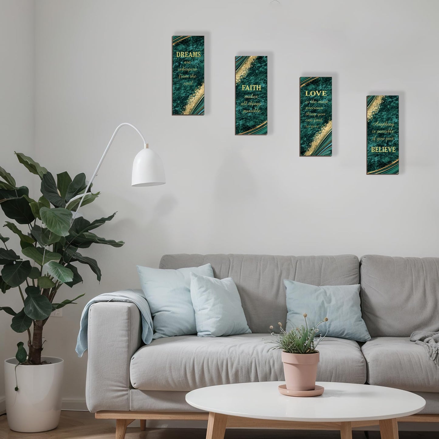 ONIZHITY 4 Pcs Green Gold Bathroom Decor Green Gold Wall Decor with Dreams Faith Love Believe Wooden Rustic Marble Style Versatile Bathroom Accessories for Bedroom Living Room(10X4)