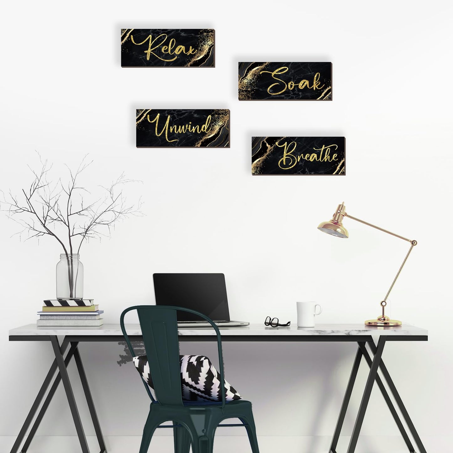 ONIZHITY 4 Pcs Black and Gold Bathroom Decor Black Gold Wall Decor Relax Soak Unwind Breathe Wooden Rustic Marble Style Bathroom Accessories for Bedroom Living Room Decor Kitchen(10X4)