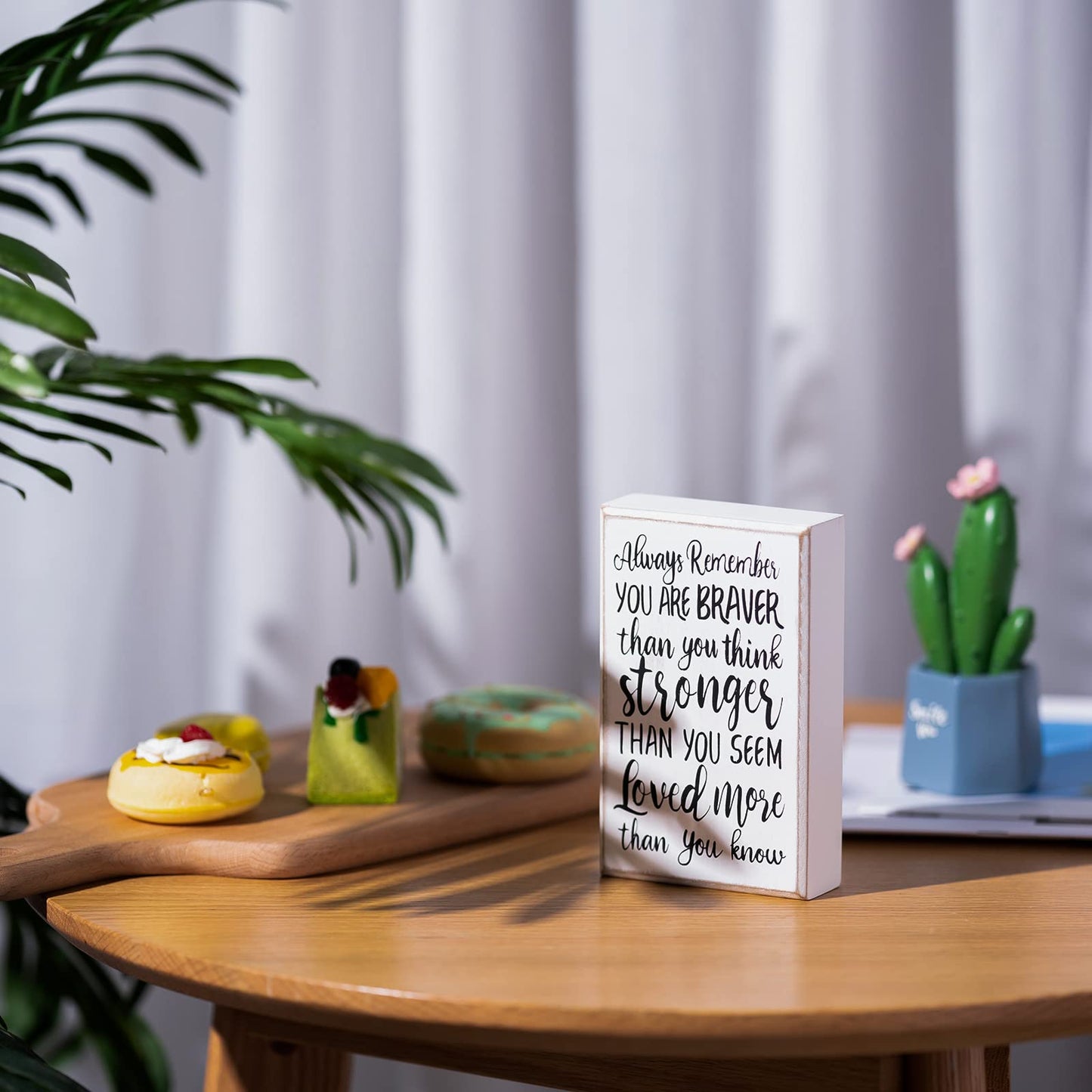 WILLBOND Inspirational Wooden Box Sign Desk Decor Gift Always Remember You Are Braver Than You Think Desk Sign, Farmhouse Wall Plaque for Home and Office Cheer up Gift for Women Men(White Backing)