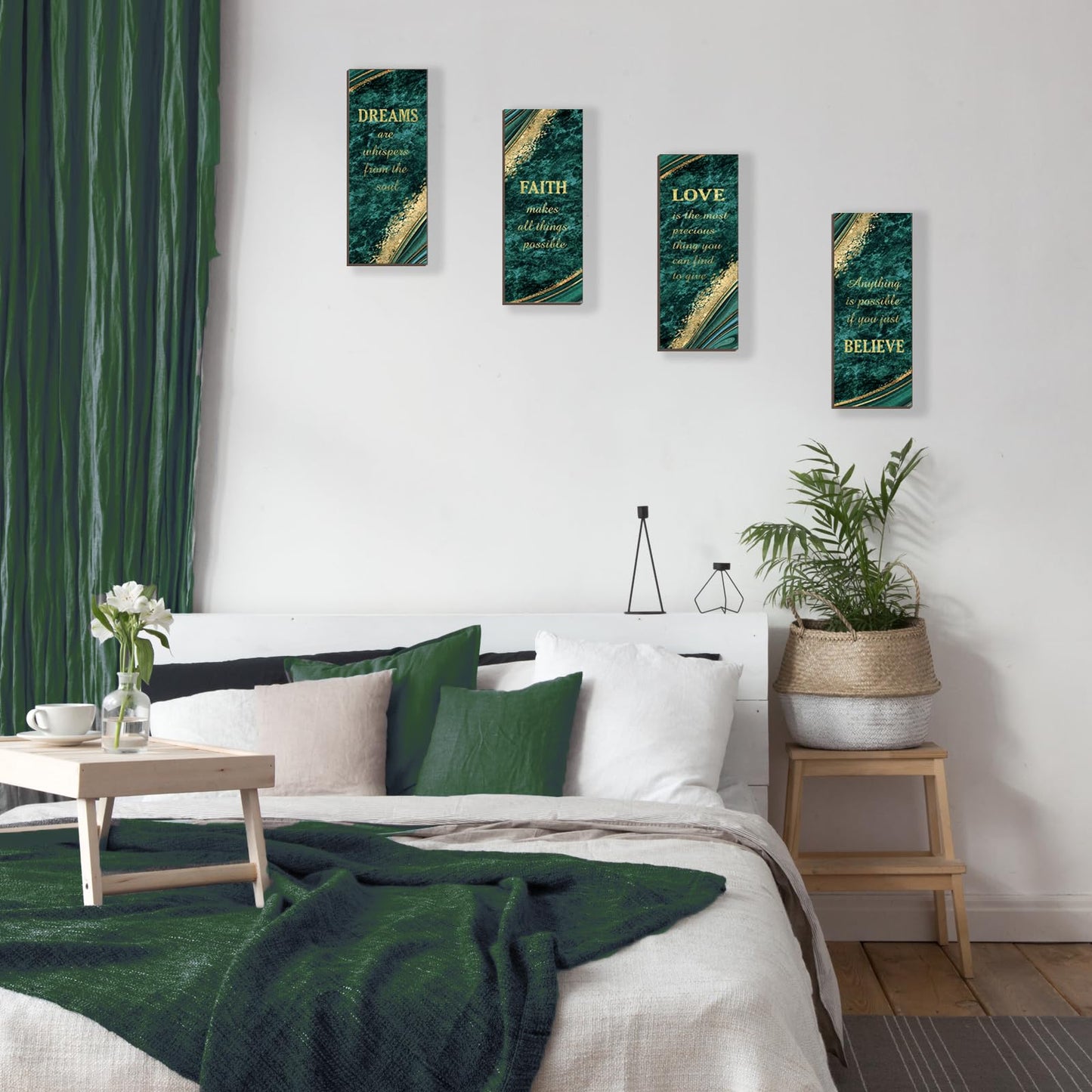 ONIZHITY 4 Pcs Green Gold Bathroom Decor Green Gold Wall Decor with Dreams Faith Love Believe Wooden Rustic Marble Style Versatile Bathroom Accessories for Bedroom Living Room(10X4)
