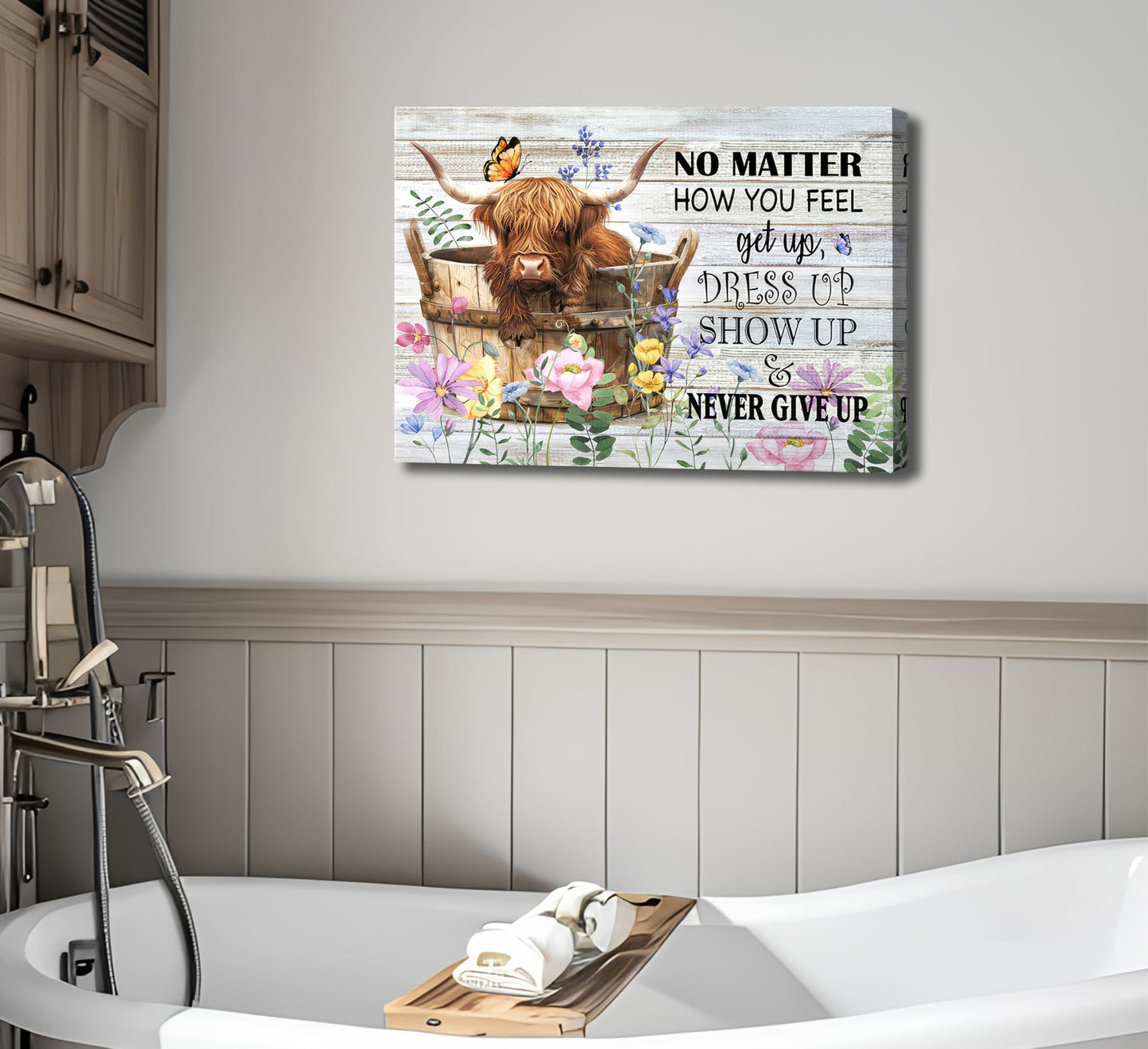 Funny Highland Cow Bathroom Canvas Wall Art Farmhouse Cute Brown Cow Painting Picture Wall Decor Inspirational Quotes Cattle in the Bathtub Poster Print Artwork for Bathroom Toilet Home Decoration