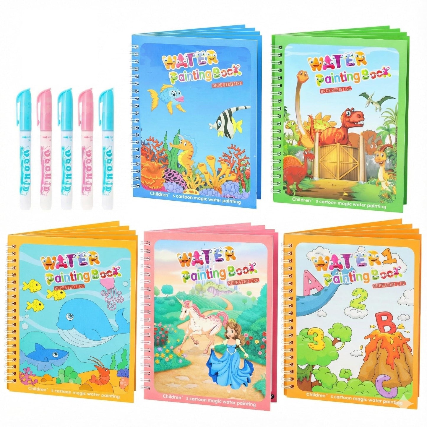 CMTOOP 5 Pack Reusable Water Coloring Book for Toddlers, Water Doodle Book Toys, Paint with Water Books,Mess-Free Coloring Book, Portable Educational Doodle Drawing Toy,Educational Learning Kits Gifts