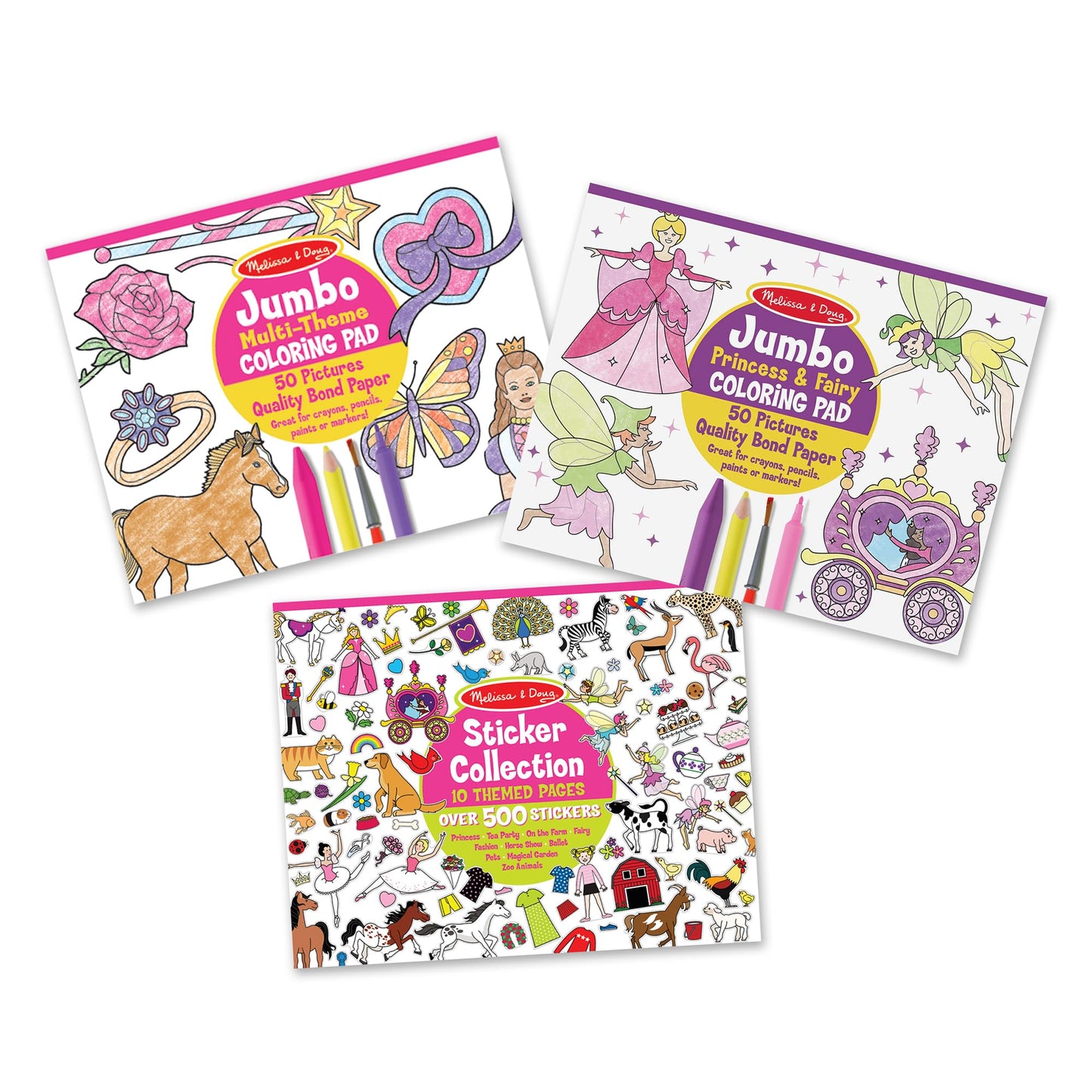 Melissa & Doug Sticker Collection and Coloring Pads Set: Princesses, Fairies, Animals, and More Kids Arts and Crafts, Sticker Books, Coloring Books for Kids Ages 3+ - FSC Certified