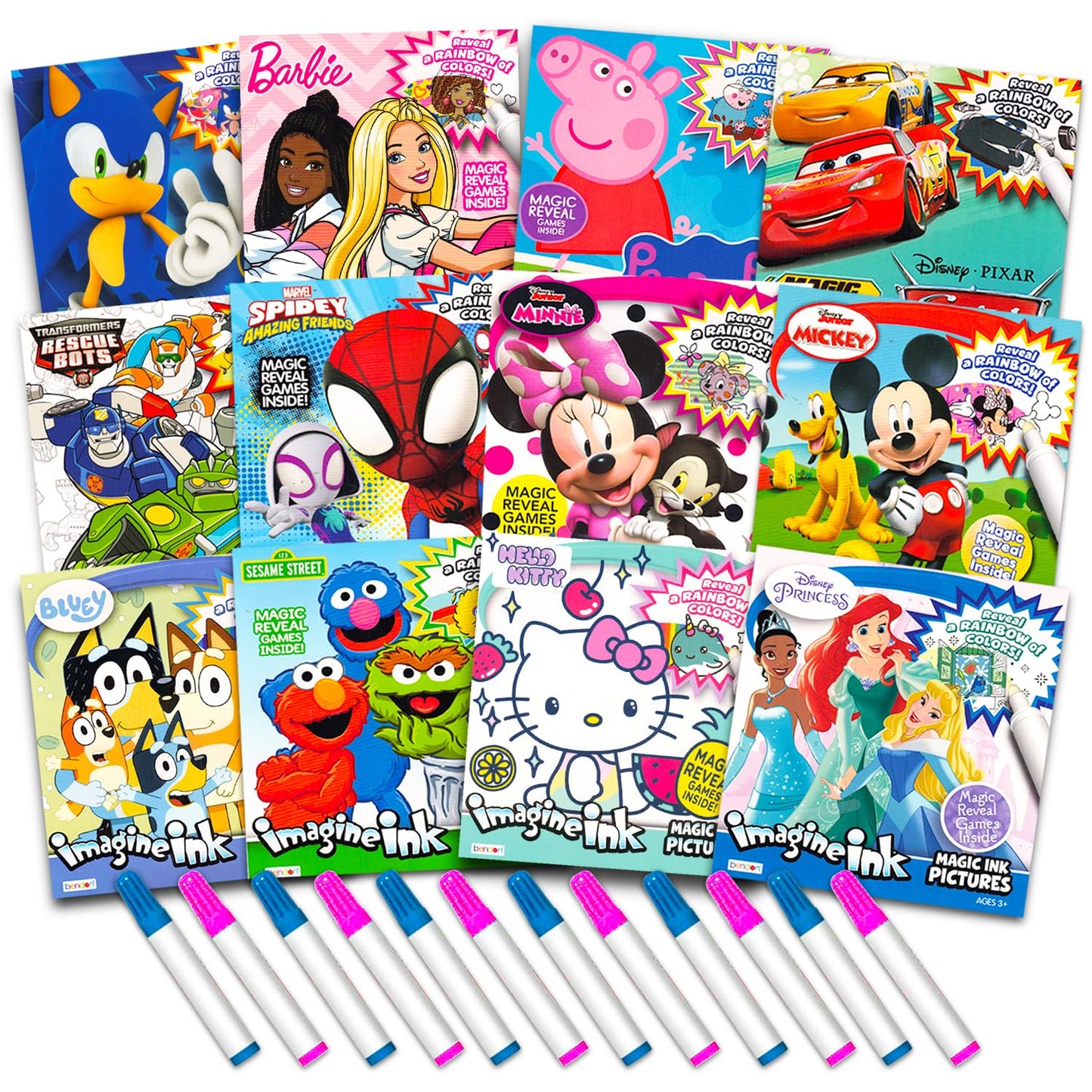 12 Mess Free Imagine Ink Coloring Book Set for Kids - Bulk Bundle with 12 No Mess Coloring Books (Sonic, Bluey, Mickey, Minnie, Spidey, Peppa Pig)