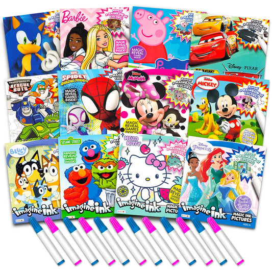 12 Mess Free Imagine Ink Coloring Book Set for Kids - Bulk Bundle with 12 No Mess Coloring Books (Sonic, Bluey, Mickey, Minnie, Spidey, Peppa Pig)