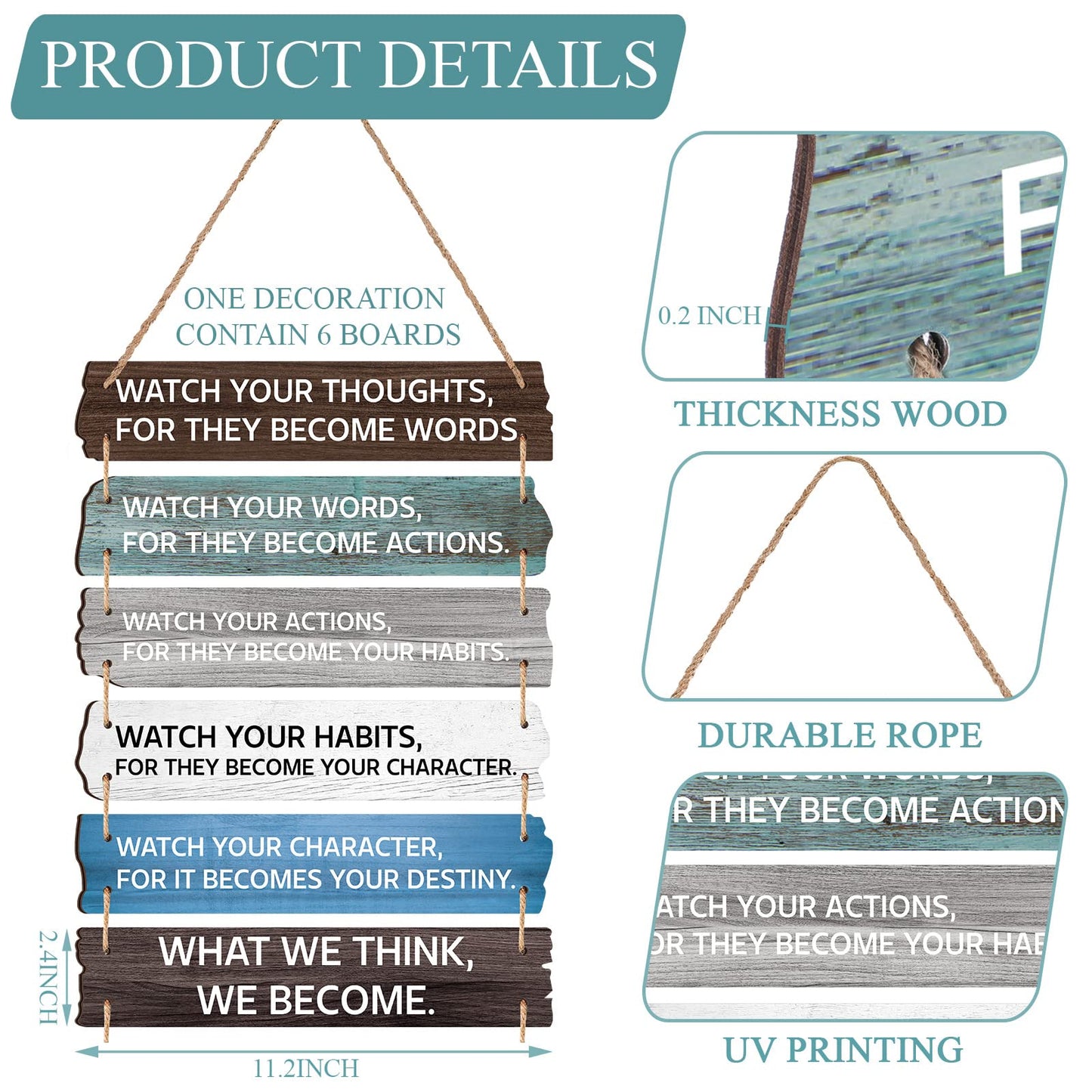 6 Pcs Inspirational Wall Art Decor for Office Watch Your Thoughts Wooden Hanging Motivational Wall Decor Rustic Positive Quotes Plaques for Classroom Home Bedroom Kitchen Living Room(Classic Style)