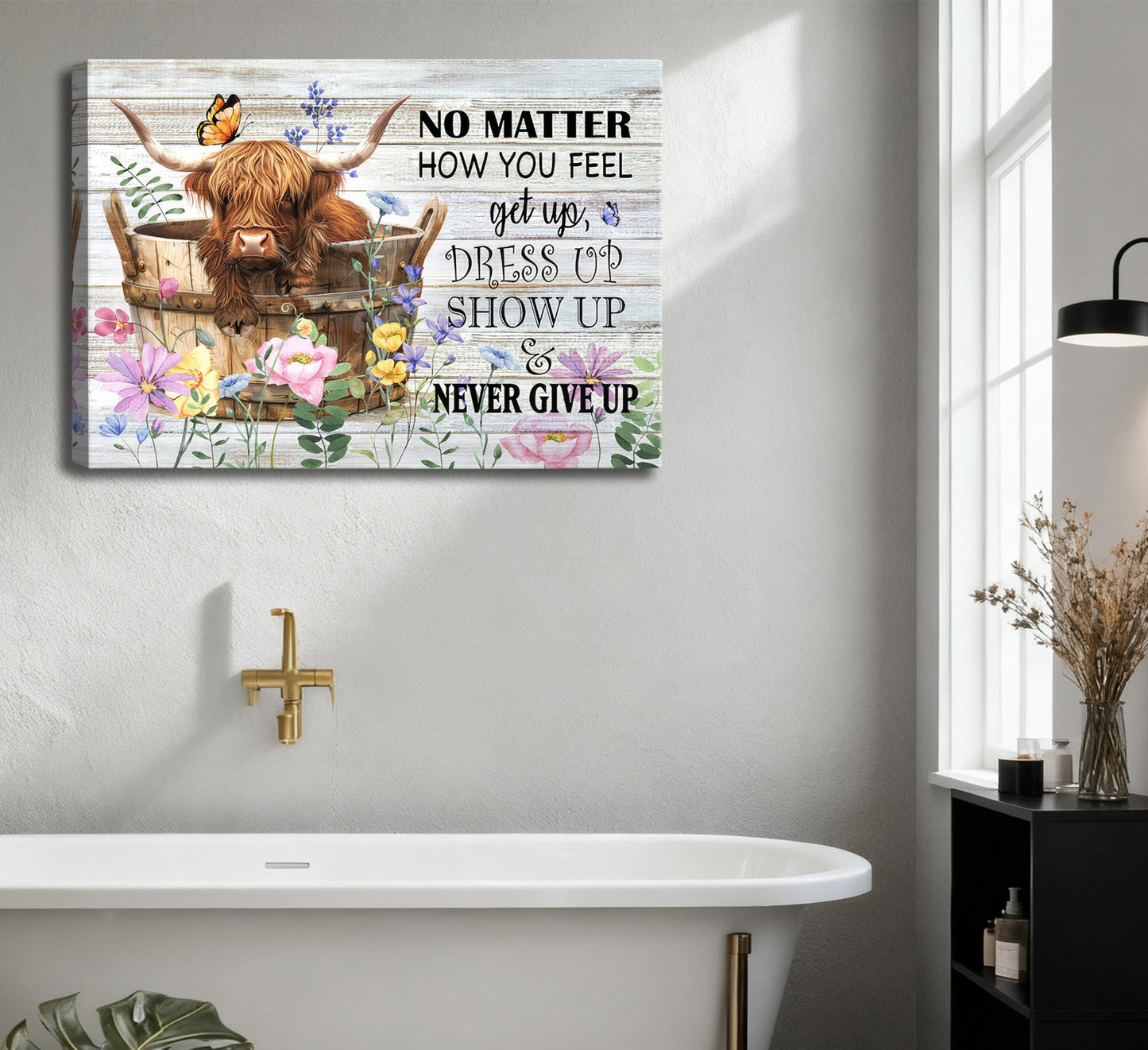 Funny Highland Cow Bathroom Canvas Wall Art Farmhouse Cute Brown Cow Painting Picture Wall Decor Inspirational Quotes Cattle in the Bathtub Poster Print Artwork for Bathroom Toilet Home Decoration