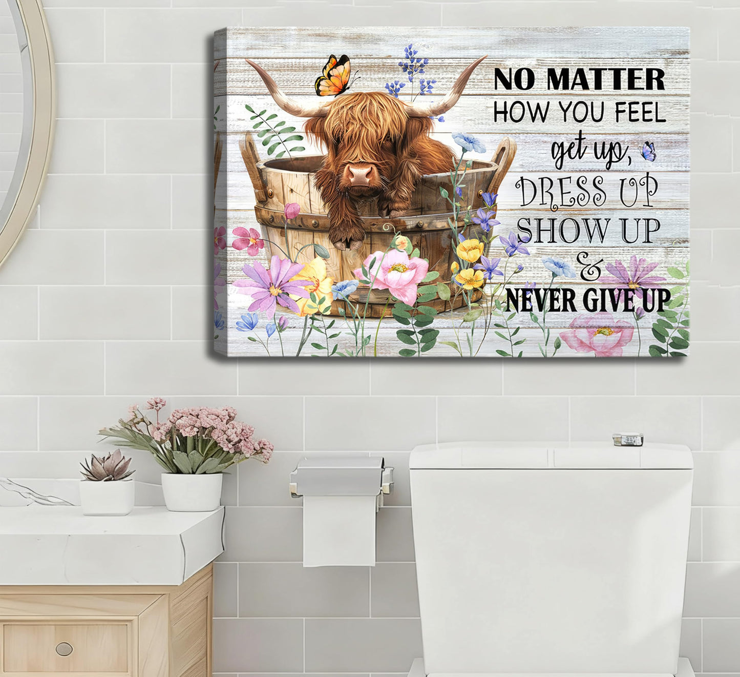 Funny Highland Cow Bathroom Canvas Wall Art Farmhouse Cute Brown Cow Painting Picture Wall Decor Inspirational Quotes Cattle in the Bathtub Poster Print Artwork for Bathroom Toilet Home Decoration