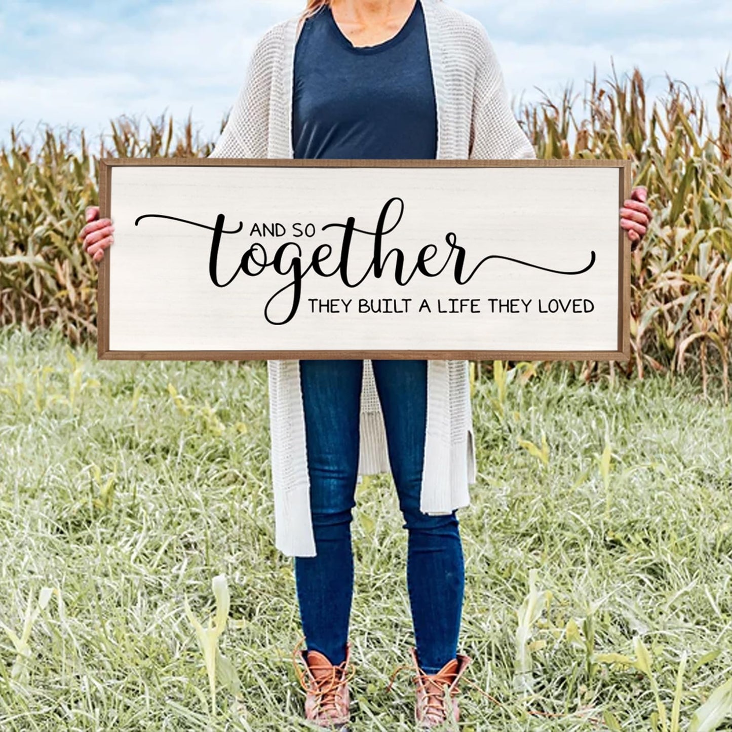 Surfapans And So Together They Built A Life They Loved Wall Decor 40”X15” Large Framed Farmhouse Wood Sign for Bedroom Above Bed Living Room Over Bed Wall Art Modern Hanging Decoration (Wood)