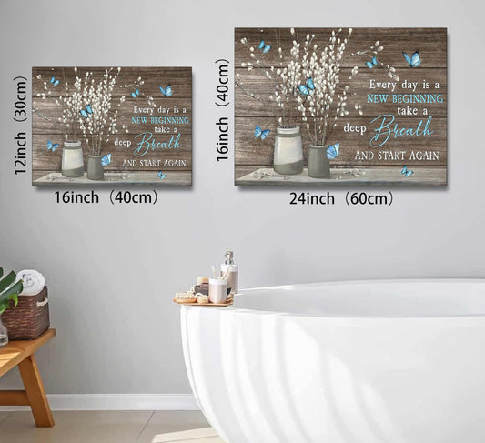 Farmhouse Bathroom Canvas Wall Art Vintage Rustic Country Flower Blue Butterfly Painting Picture Wall Decor Every day is a new beginning Poster Print Artwork for Living Room Bathroom Home Decoration