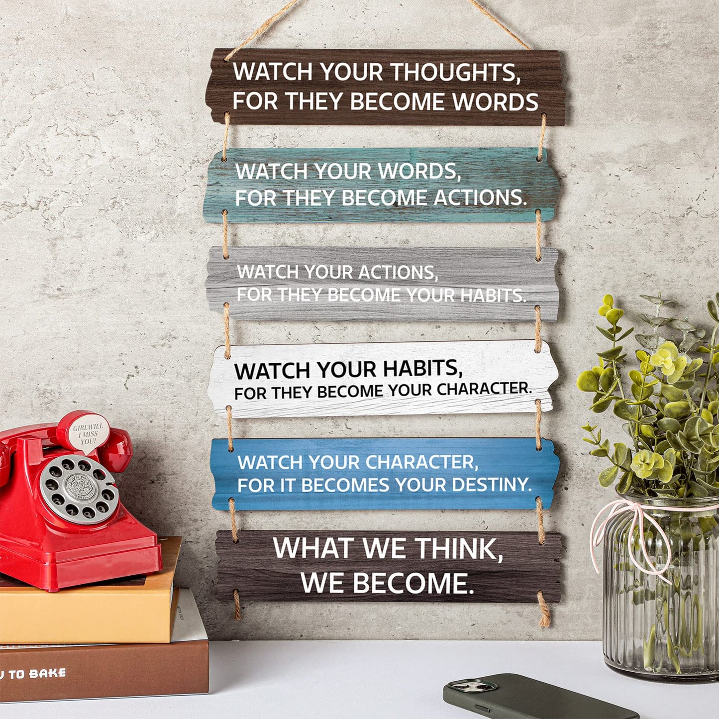 6 Pcs Inspirational Wall Art Decor for Office Watch Your Thoughts Wooden Hanging Motivational Wall Decor Rustic Positive Quotes Plaques for Classroom Home Bedroom Kitchen Living Room(Classic Style)