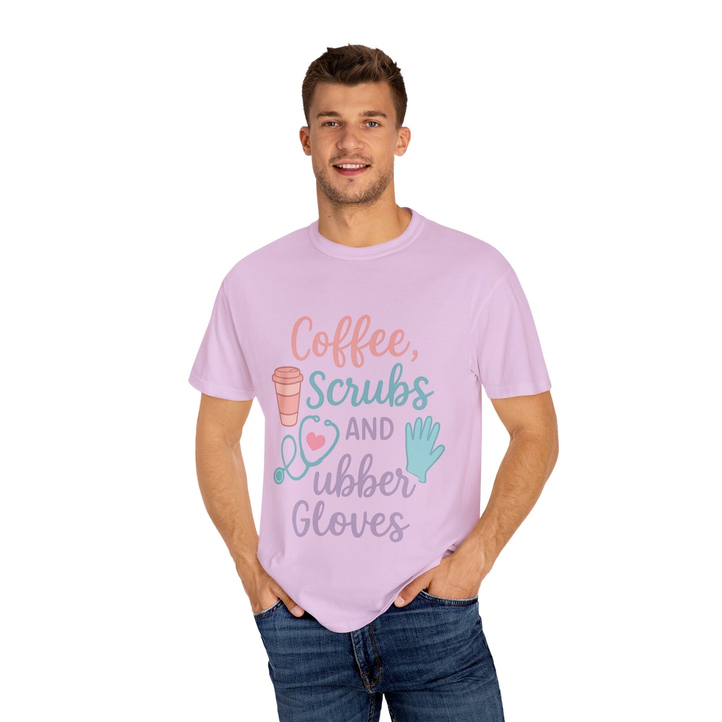 Coffee, Scrubs, and Rubber Gloves Unisex T-Shirt - Perfect Gift for Nurses, Healthcare Workers, Medical Professionals, Fun Medical Shirt,