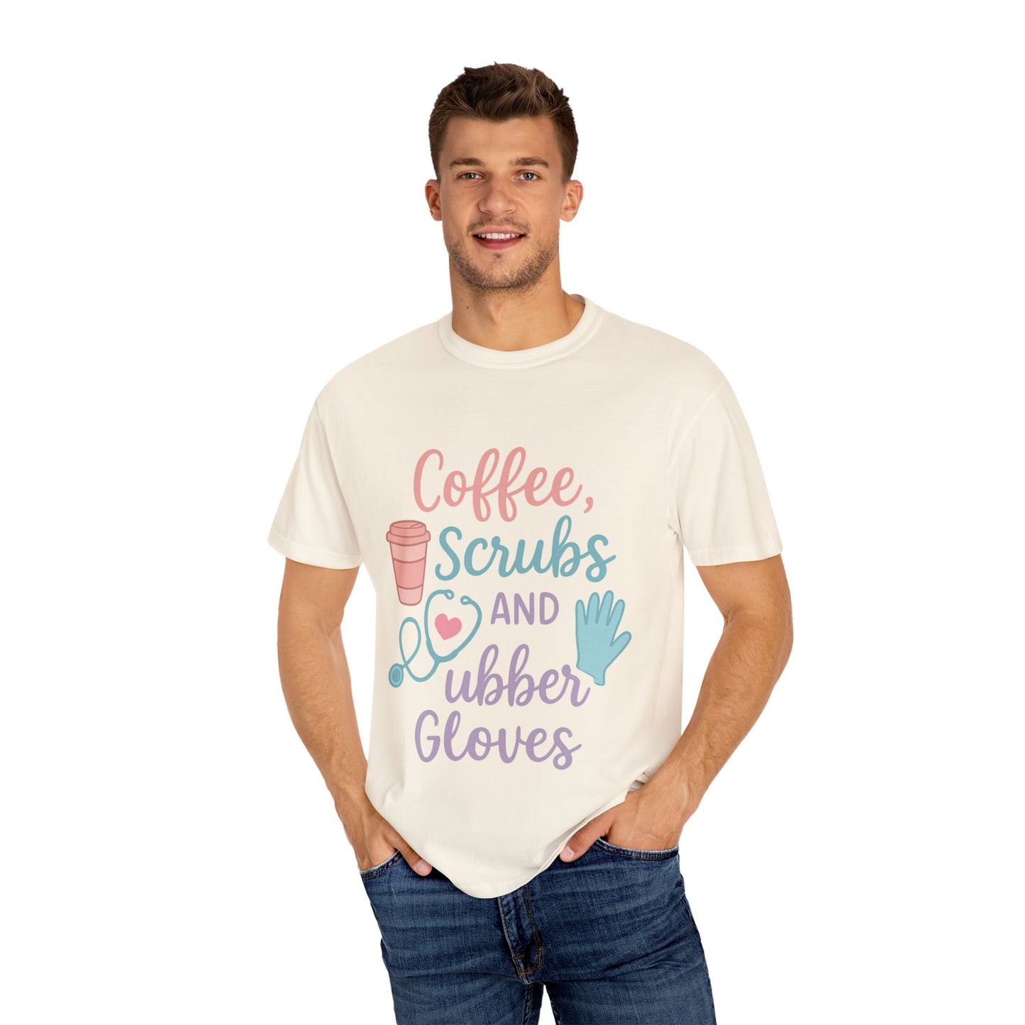 Coffee, Scrubs, and Rubber Gloves Unisex T-Shirt - Perfect Gift for Nurses, Healthcare Workers, Medical Professionals, Fun Medical Shirt,
