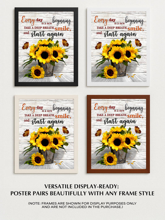 AMERICAN LUXURY GIFTS Every Day Is A New Beginning - Sunflower Motivational Wall Decor - Inspirational Quotes Art for Office Decor, Living Room, Bedroom - 11x14 Unframed Print