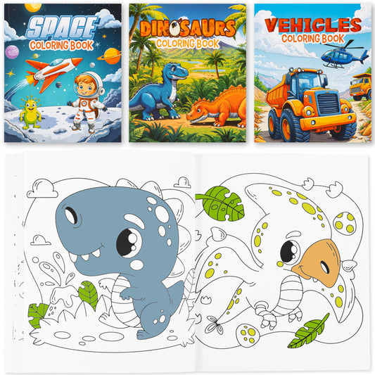 ZICOTO Fun Coloring Books for Kids Set of 3 – Exciting Dinosaur, Space & Trucks Coloring Book for Boys Ages 4–8 – Easy to Color Gift for Your Creative Little One