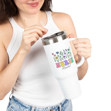 Personalized Nurse Insulated Travel Mug, 40oz - Perfect Gift for Nurses, Floral Design, Customizable Name, Motivational Drinkware, Ideal for